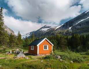 Obraz premium Creative concept photo of cozy nordic cabin in the woods and mountains north norwegian landscape.