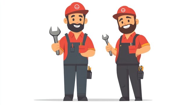 Happy mechanics holding wrenches, white background, repair service