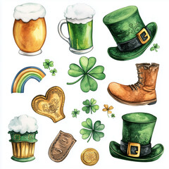 Watercolor Saint Patrick’s Day Elements Featuring Leprechaun, Clover, Gold Coins, and Rainbow