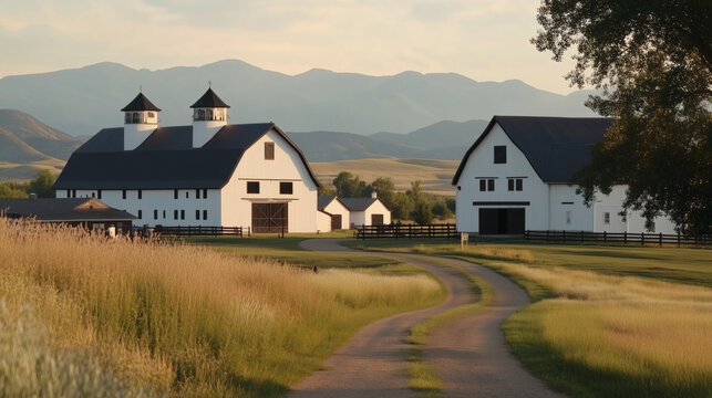 Rancho rural con edificios blancos y paisaje monta&ntilde;oso al fondo