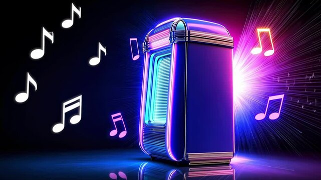 Jukebox illuminated with neon lights, playing music with musical notes appearing around it
