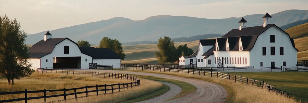 Rancho rural con edificios blancos y paisaje monta&ntilde;oso al fondo