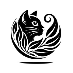 Elegant Black Cat with Floral Design: A Stunning Monochrome Vector Graphic