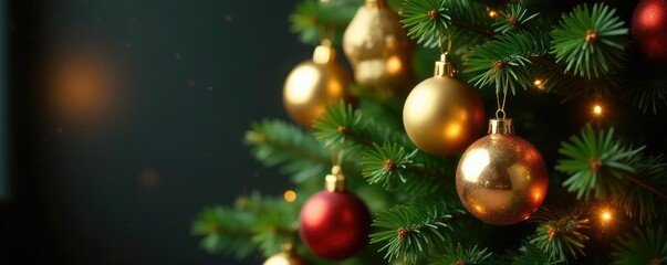 Obraz premium The Christmas tree is adorned with golden baubles of varying sizes, shiny objects, holiday trim