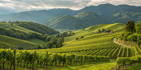 Fototapeta premium Breathtaking Vineyards Nestled Among Majestic Green Hills and Mountains for Scenic Beauty