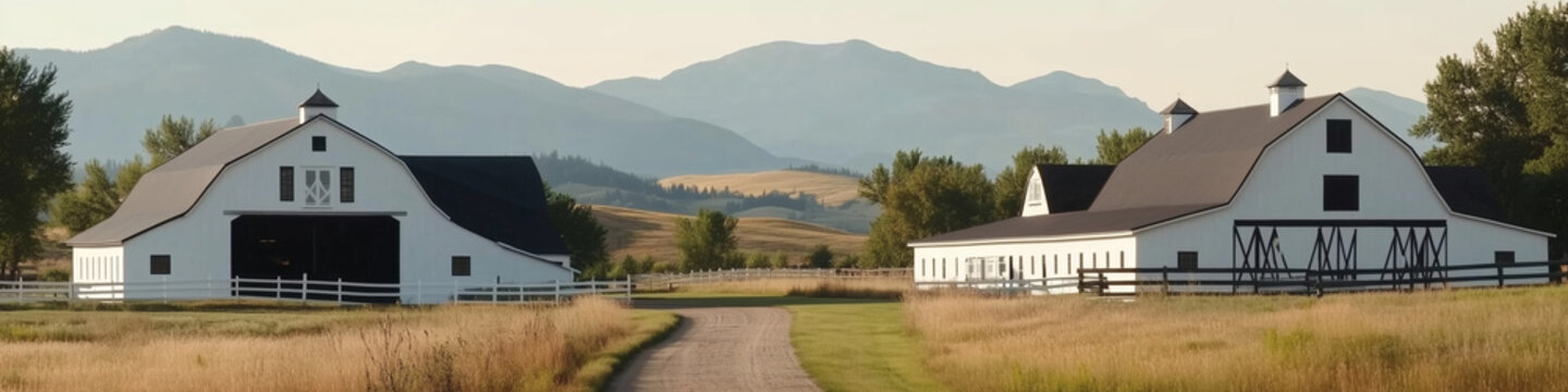 Rancho rural con edificios blancos y paisaje monta&ntilde;oso al fondo