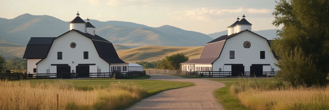 Rancho rural con edificios blancos y paisaje monta&ntilde;oso al fondo