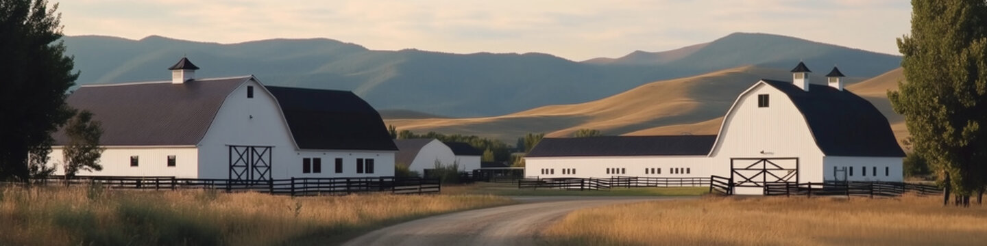 Rancho rural con edificios blancos y paisaje monta&ntilde;oso al fondo