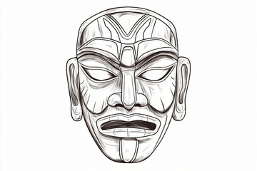black line art illustration of ceremonial mask study, cultural details, white background
