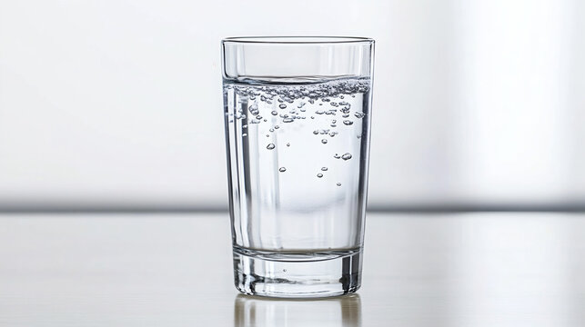 Vaso de agua con burbujas en fondo claro y minimalista.