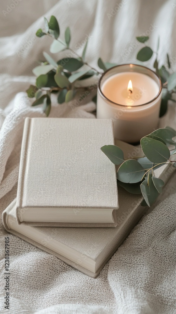 Poster soft, neutral tones create a peaceful atmosphere in a reading nook, featuring stacked textured books
