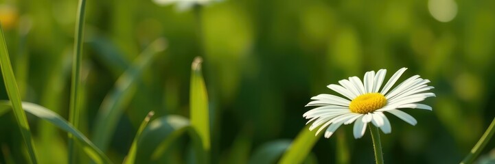 Fototapeta premium The delicate green stem and leaves of the daisy sway gently in the breeze, floral texture, botanical details
