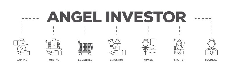 Angel investor infographic icons flow process which consists of capital, funding, commerce, depositor, advice, startup and business icon live stroke and easy to edit .