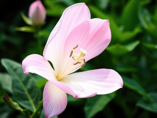 Fototapeta premium The delicate pink petals of a flower unfolding against the lush green background, blooming plants, floral