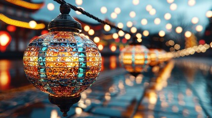 Fototapeta premium Illuminated lanterns line a canal, reflecting lights, Asian architecture
