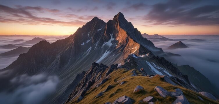 The Dent Du Ratier peak at sunrise during the blue hour with golden light and misty clouds, beauty, mountain peak