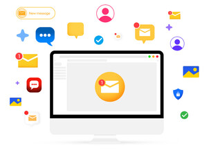 New Message or email concept background with colorful shapes floating around the computer screen. Electronic mail notifications in yellow color appearing on the screen, message, unread