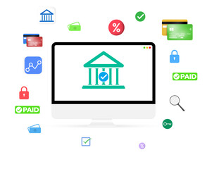 Online and digital banking concept design with shapes floating around the screen, digital payments concept backdrop.