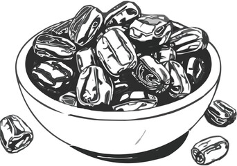 Dried dates on wooden bowl, line art vector illustration on white background.