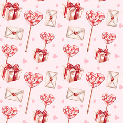 St Valentine's Day seamless pattern. Cute watercolor  illustration