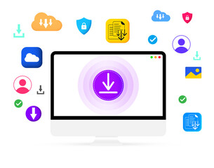 Online file downloading concept infographics in colorful shapes with Computer screen in the center. Internet downloading concept, modern, file, data, speed