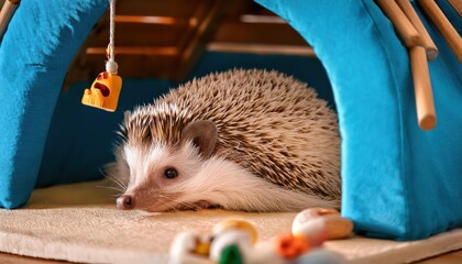 A hedgehog enjoys its vibrant habitat, surrounded by engaging toys that invite playful exploration.