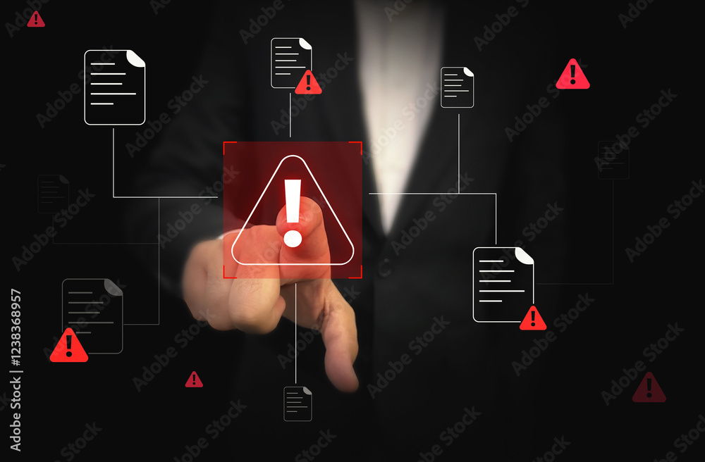 Poster person touching the hacking sign on the screen with files connected background. hacked files and dat