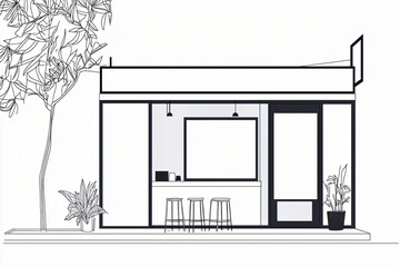 black line art illustration of minimalist coffee bar exterior, modern windows, blank menu board, isolated on white background