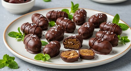 A beautifully arranged dessert platter featuring chocolate-covered dates.
