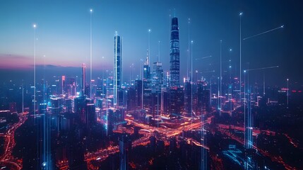 Cyber City Skyline: A futuristic cityscape at dawn, illuminated by vibrant neon lights and connected by glowing digital lines, symbolizing technological innovation and global connectivity. 