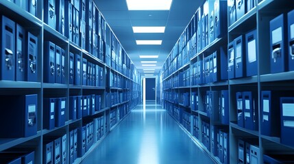 Blue Archive Hallway: Rows of blue file folders neatly stacked on shelves line a long hallway, creating a cool and organized atmosphere.  The image conveys concepts of information storage.