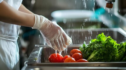 Washing Fresh Produce: Close-up shot of hands in gloves carefully washing ripe red tomatoes and fresh green lettuce under running water in a stainless steel sink.