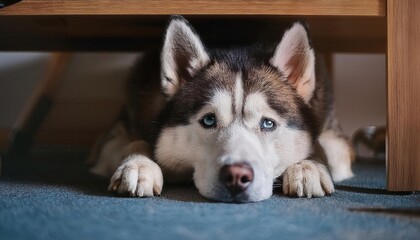 A playful husky rests under a table, showcasing sparkling blue eyes and a soft fur coat.