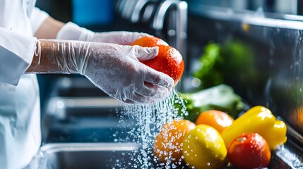 Washing Fresh Produce: A chef's hands, protected by white gloves, gently cleanse vibrant citrus fruits under a stream of water.