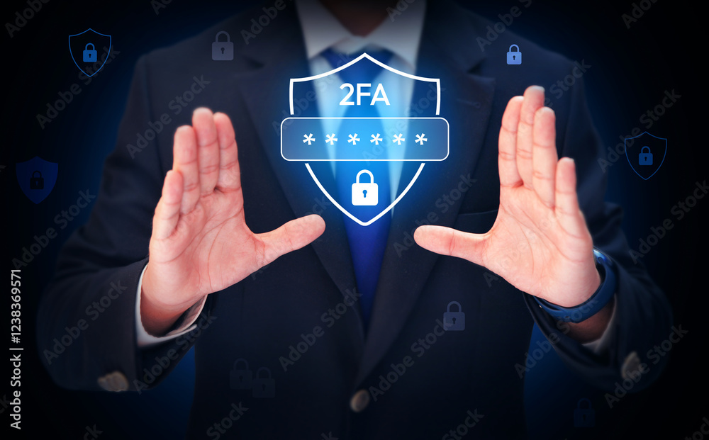 Poster two factor authentication code concept background with glowing lock and shield, hovering design of s