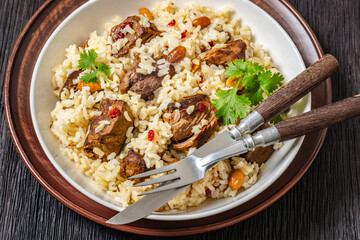 beef and rice in white bowl, top view