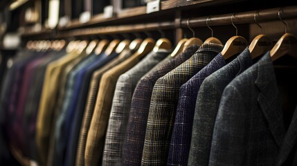 Obraz premium Tailored Elegance: A row of finely tailored jackets hangs on wooden hangers in a sophisticated retail setting, showcasing a variety of textures, colors, and patterns. 