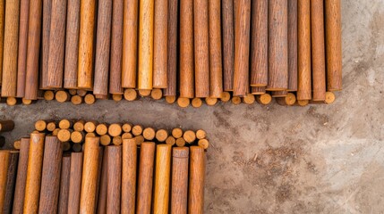 Aerial view showcasing the bustling of a thriving lumber export facility where stacks of various timber and wood products are being processed stored and prepared for global distribution and trade