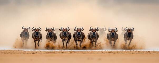 Obraz premium A herd of wildebeests also known as gnus crossing a shallow river in the vast African savanna landscape kicking up a cloud of dust as they move in a dynamic stampede across the plains