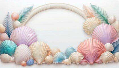 summer frame border frame with beautiful shells on white background; minimal vacation layout; copy space