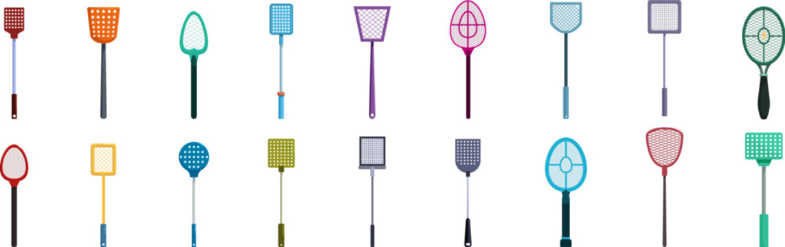 Fly swatter icons set. Flyswatters in various shapes and colors, designed for eliminating flies and other insects