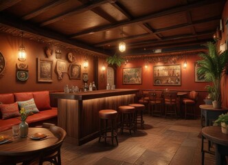 Fototapeta premium The interior of a cozy and intimate Mexican-inspired cocktail lounge with rich wooden accents , decor, earthy