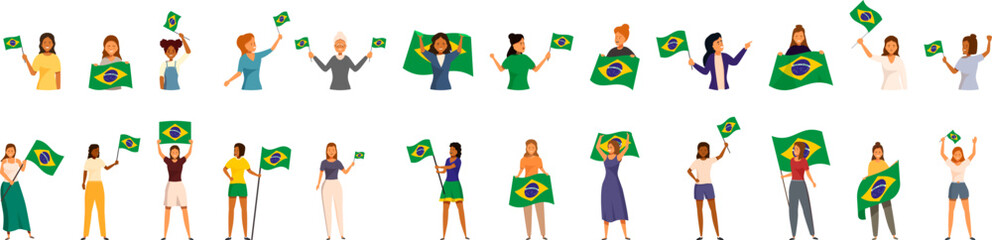 Woman holding brazilian flag icons set. Diverse group of women holding and waving brazilian flags, celebrating national holiday, demonstrating patriotism and national pride