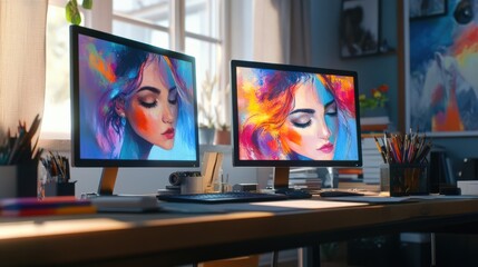 Fototapeta premium Vibrant Art Workspace with Dual Monitors Showcasing Colorful Portraits