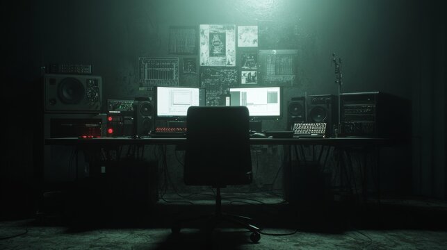 Dark room, hacker workstation, computer screens, investigation