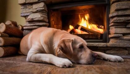 Obraz premium A happy pet lies peacefully on the floor, enjoying the warmth of the crackling fire nearby.