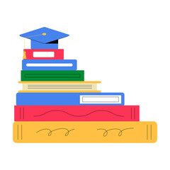 Books Arranged As A Graduation Staircase With A Graduation Cap In Flat Vector Illustration Symbolizing Academic Success, Learning, And Higher Education, Isolated On White Background