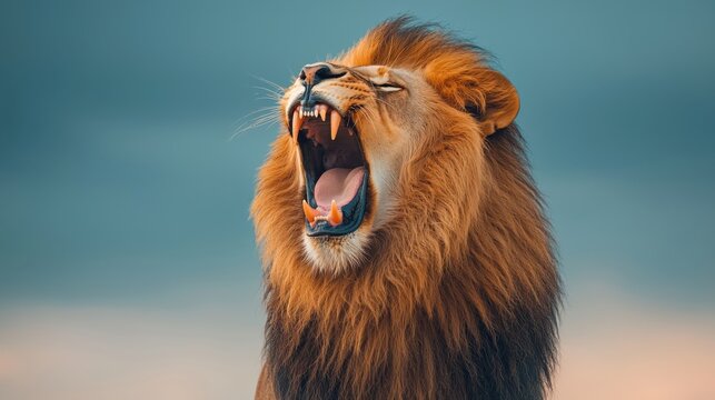 A majestic and powerful lion with a magnificent mane roaring ferociously on a rocky outcrop in the African savanna showcasing its raw strength and dominance in the wilderness