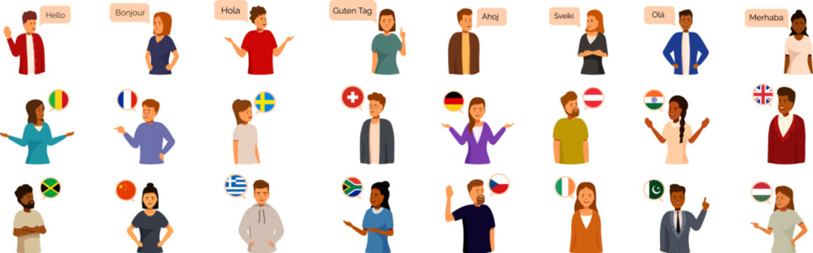 People speaking different languages icons set. Diverse group of people communicating in various languages with speech bubbles and flags representing their countries