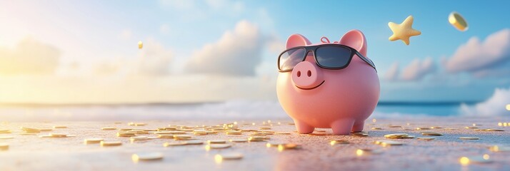A playful piggy bank enjoys a summer day at the beach, surrounded by joyful children engaged in fun activities, basking in the ocean sunshine and appreciating the scenic coastal view